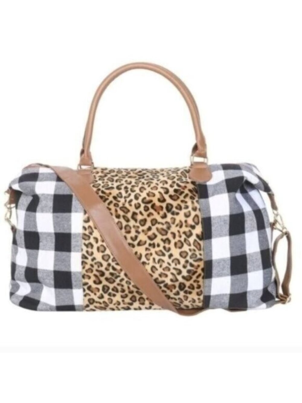 Buffalo Plaid & Leopard Print Weekender Travel Bag With Brown Faux Leather Accen